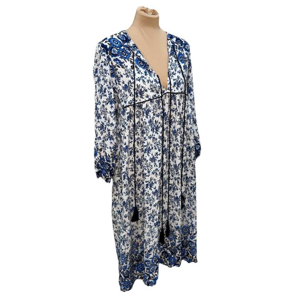 R Vivimos Floral Peasant Boho English Garden Blue & White Flowy Dress‎ Coastal L